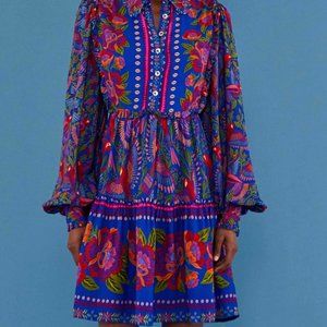 Farm Rio Blue Macaw Flight Long Sleeve Mini Dress
